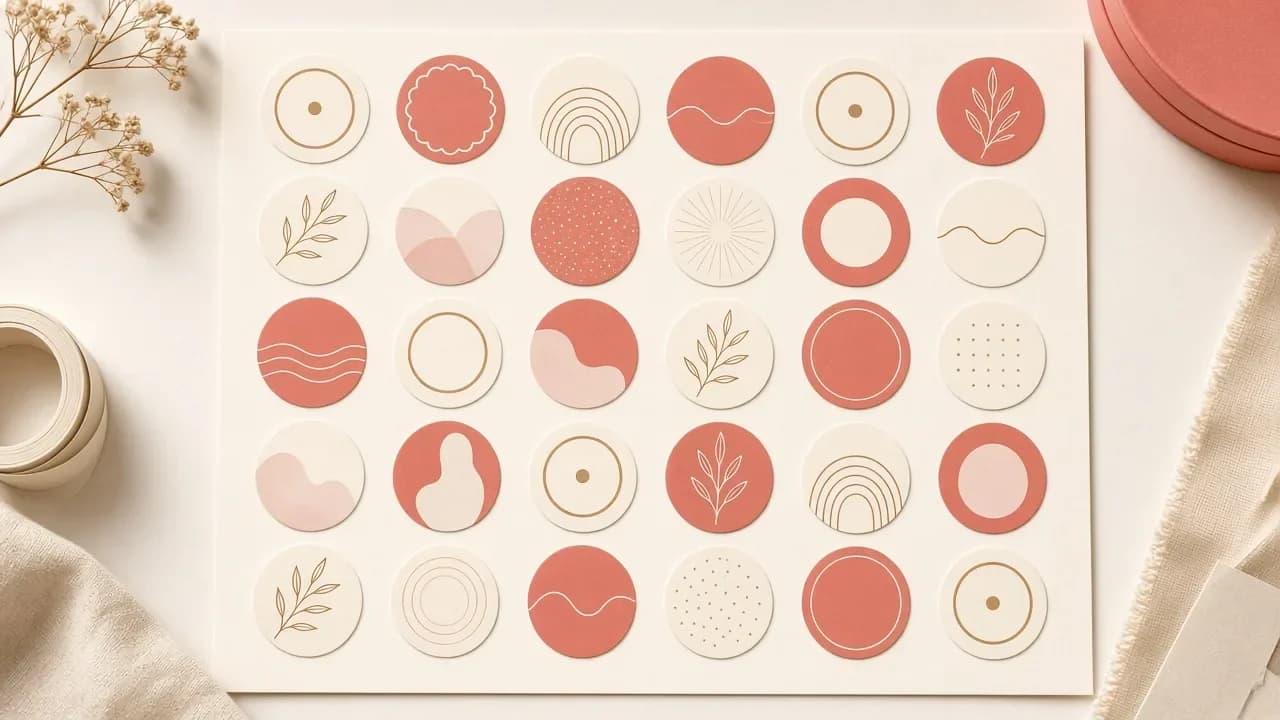 Orderly sheet of round cream-and-coral brand stickers