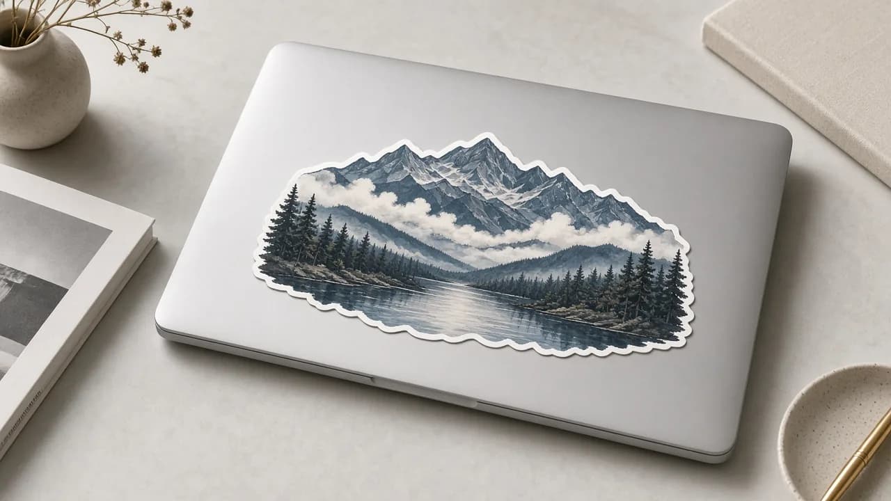 Large landscape vinyl decal on silver laptop lid
