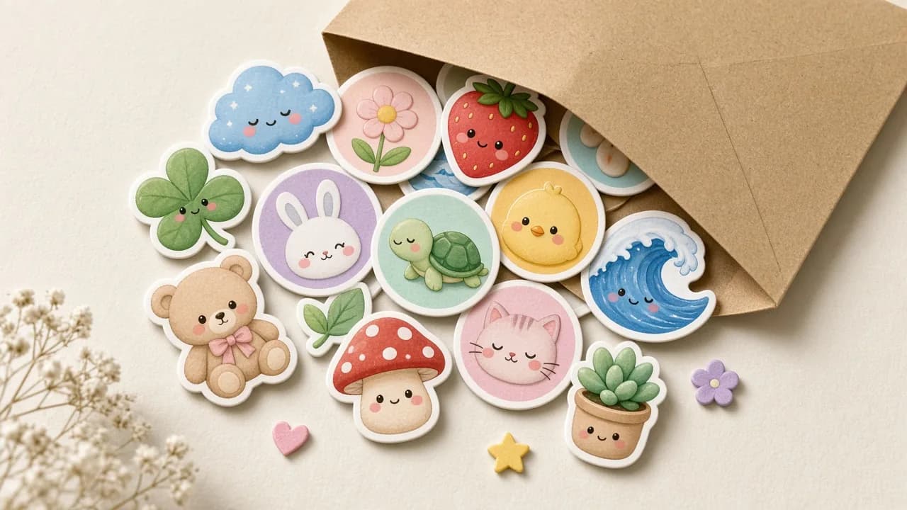 Cute mini sticker pack spilling from kraft envelope